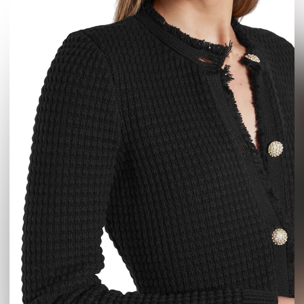 NWOT EXPRESS BLACK TEXTURED EMBELLISHED BUTTON FRINGE SWEATER JACKET CARDIGAN - Picture 2 of 4